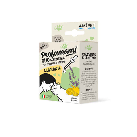 Confezione AMIPET Olio Essenziale Rilassante per Gatti 10ml – con lavanda e cedro, calmante per uso con spazzola a vapore
