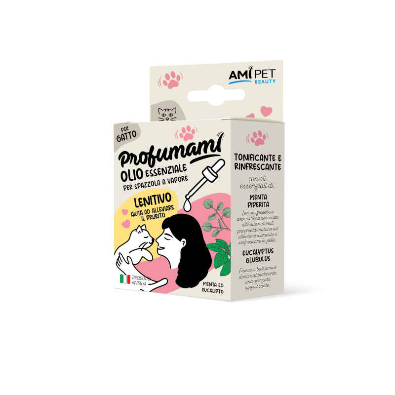 Confezione AMIPET Olio Essenziale Lenitivo per gatti 10ml – per spazzola a vapore, con menta ed eucalipto, effetto anti-prurito