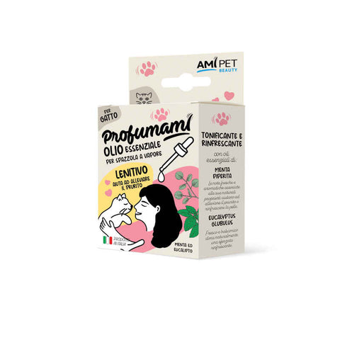 Confezione AMIPET Olio Essenziale Lenitivo per gatti 10ml – per spazzola a vapore, con menta ed eucalipto, effetto anti-prurito